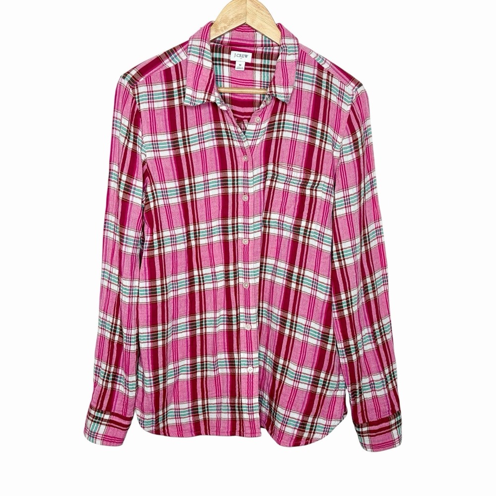 J Crew Plaid Woven Button Up Shirt Pink Womens M Granola Girl Earthy Layering